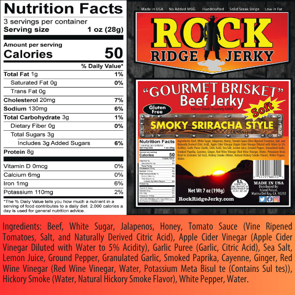 SMOKY SRIRACHA Brisket beef jerky | Best SOFT Brisket jerky 7oz Bag