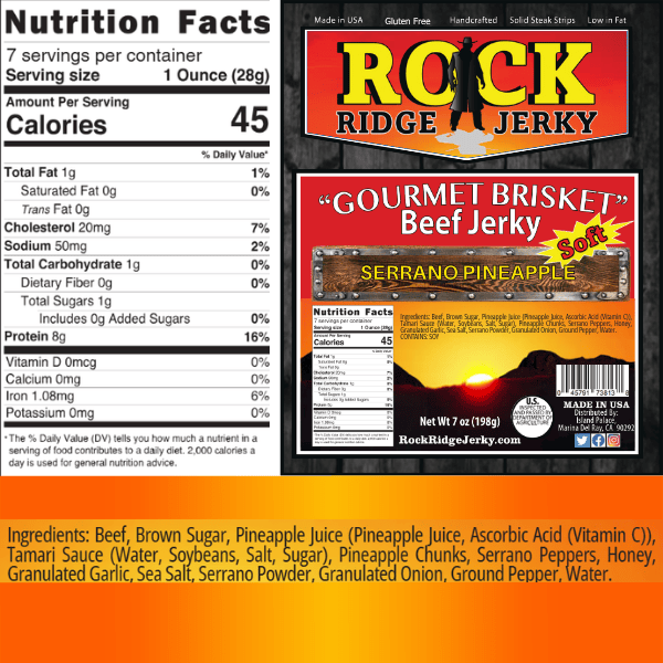 SERRANO PINEAPPLE Brisket beef jerky | Best SOFT Brisket jerky 7oz Bag