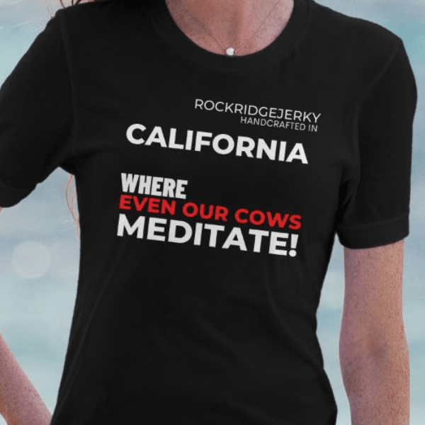 Lady wearing at beach California where even our cows meditate t shirt